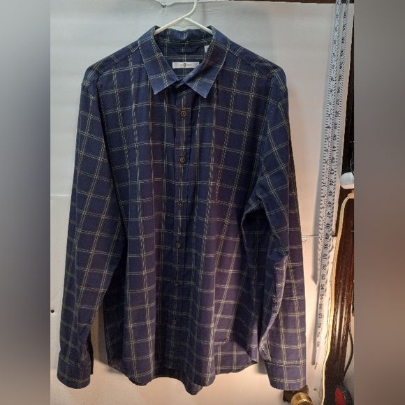 7 For All Mankind Western Plaid Blue Large Business Casual Shirt Office Cowboy - Picture 1 of 16